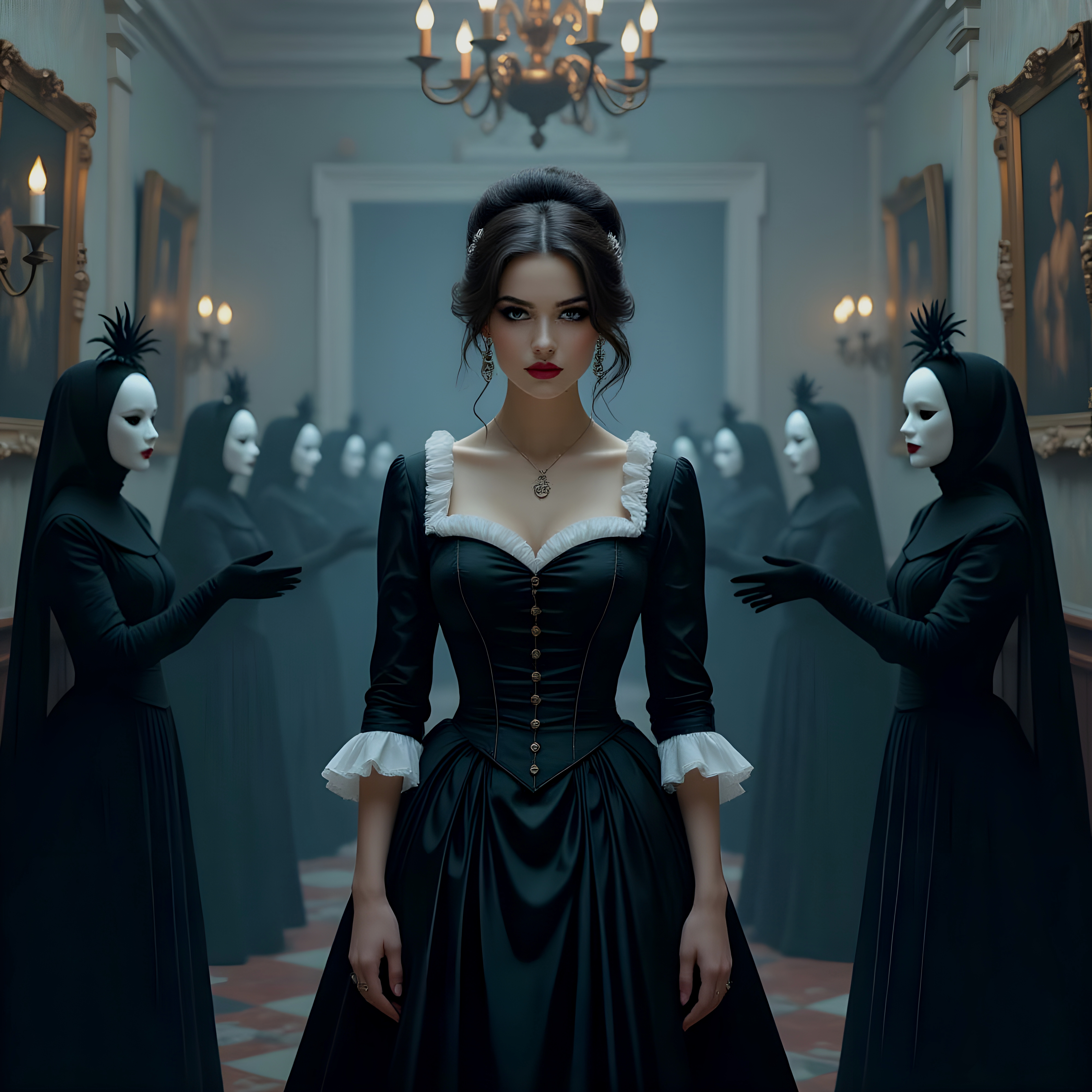 A dark, stylized tableau of Cyn surrounded by masked figures