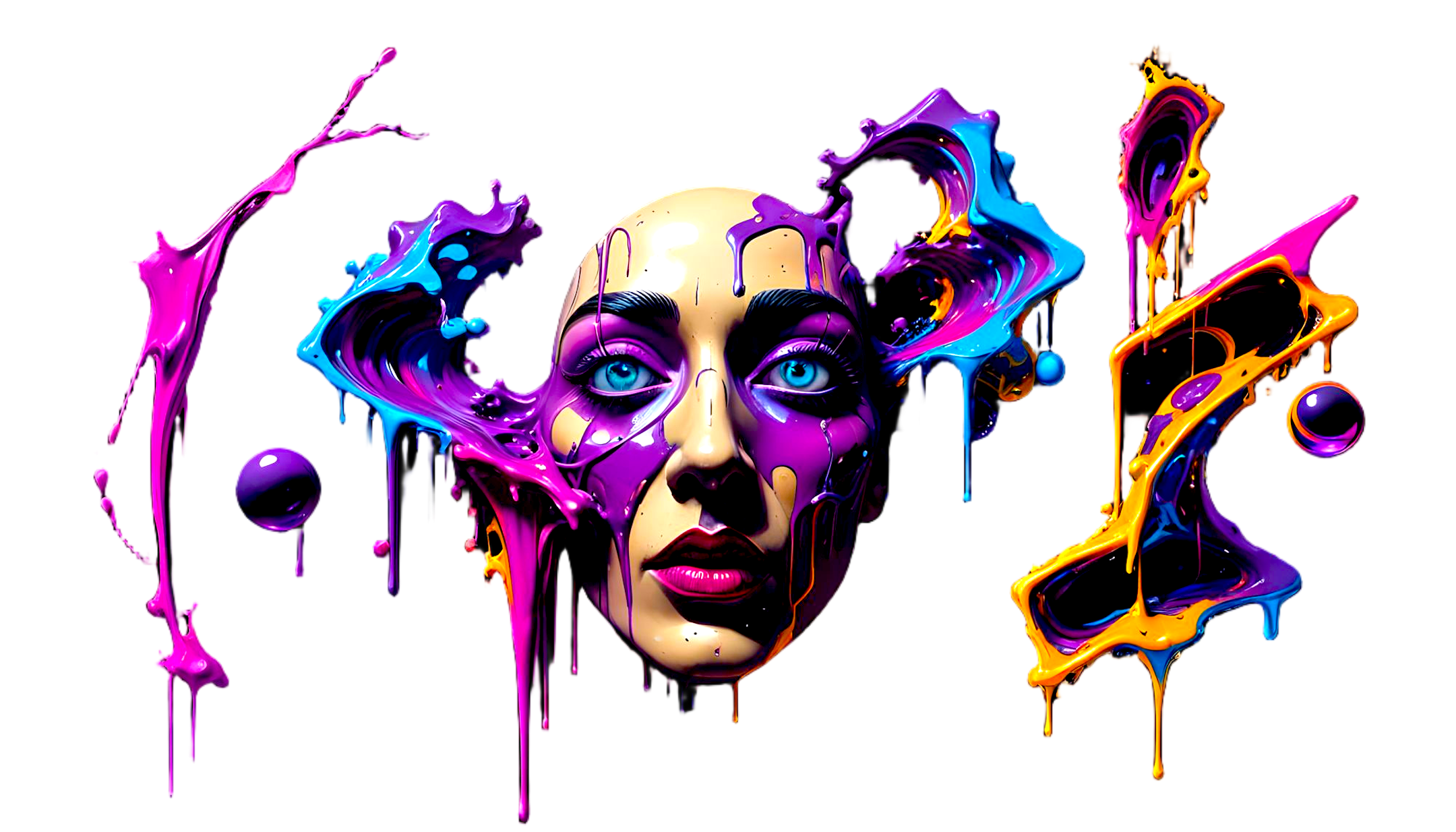 Vivid original Team Cyn artwork featuring a surreal painted face framed by neon color and fluid abstract forms
